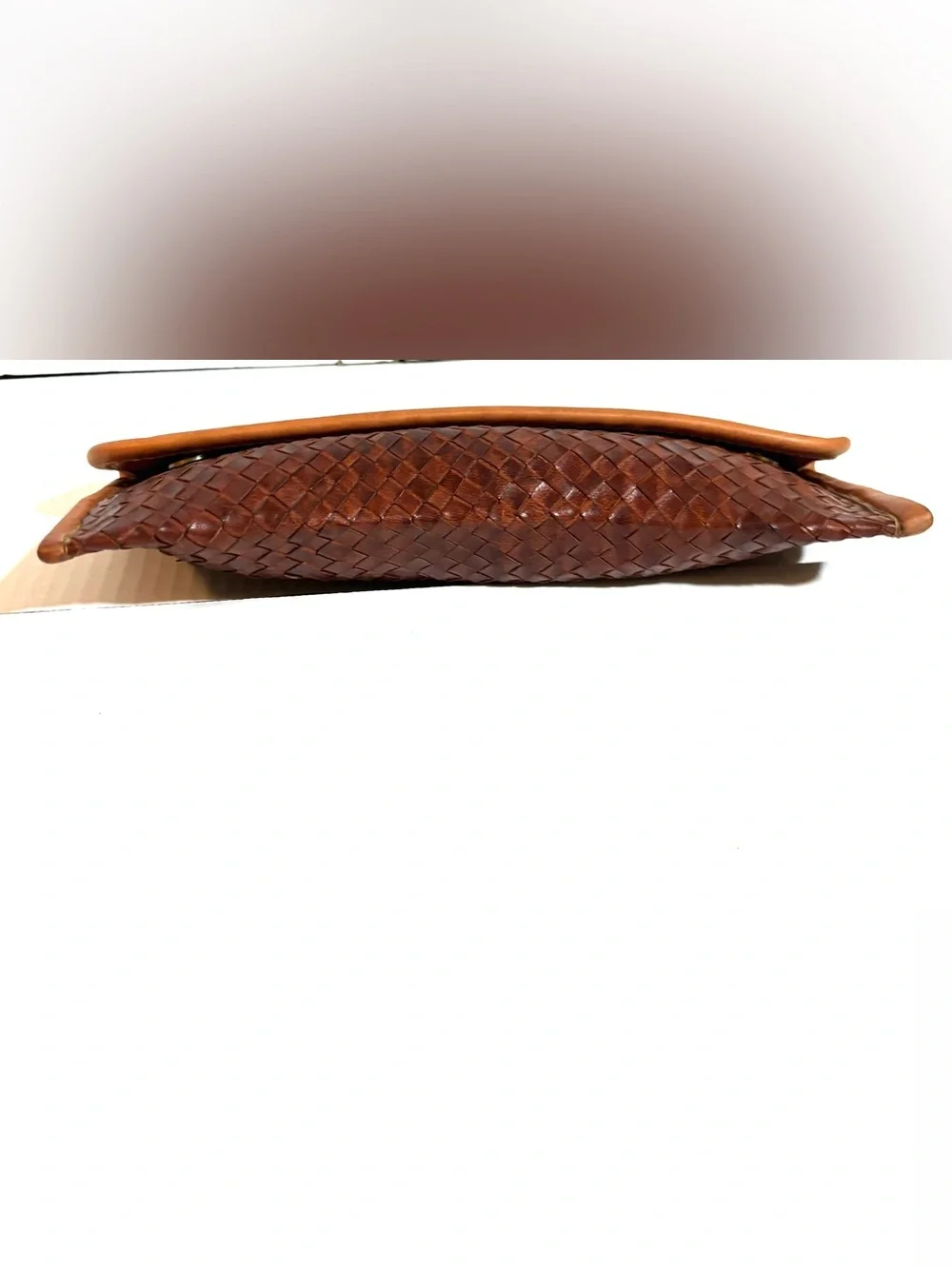 Vintage distressed Woven Leather Clutch in Rich Brown with Tan Trim